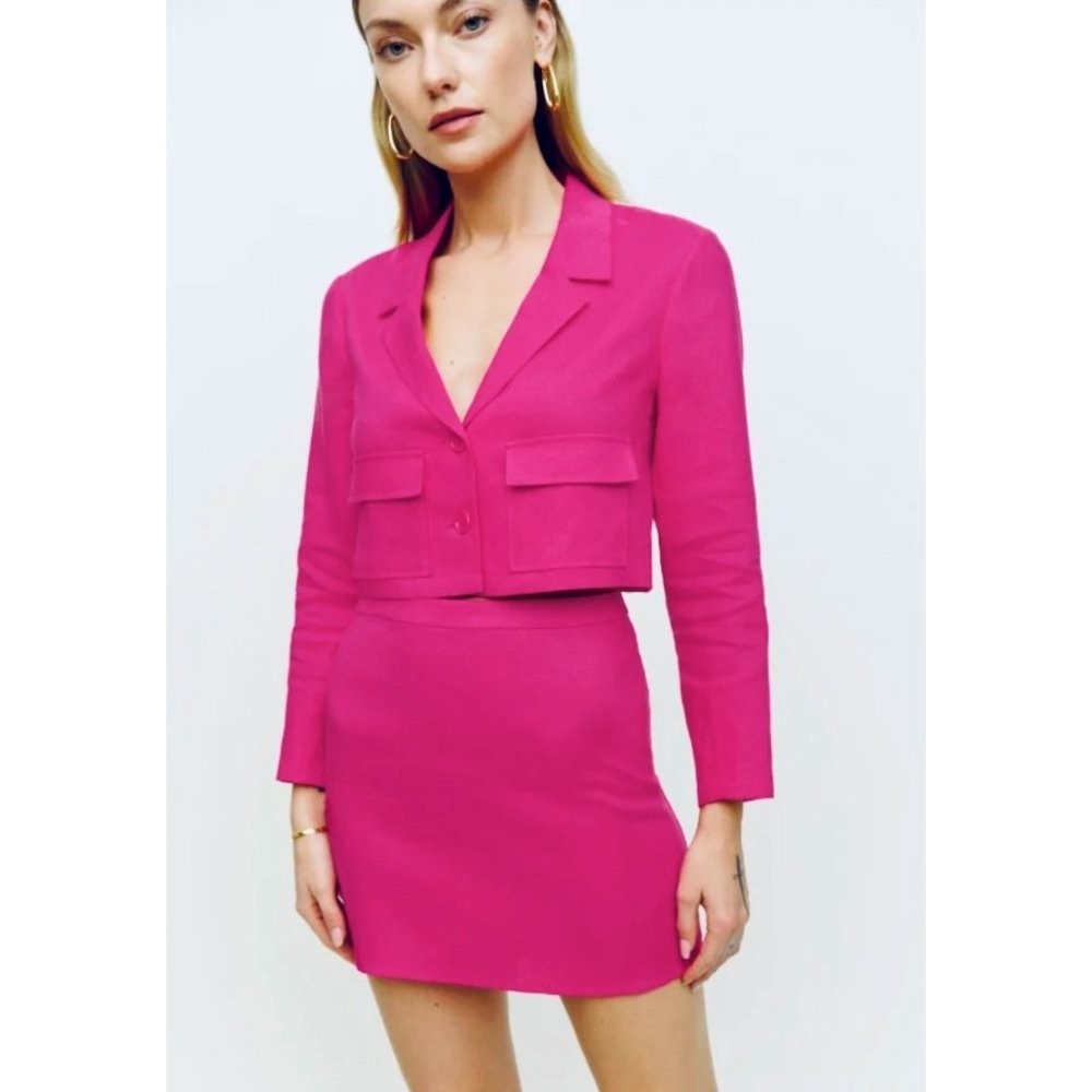 NWOT Reformation SET Elton Hot Pink Corvette Linen Blazer Jacket Top Mini Skirt